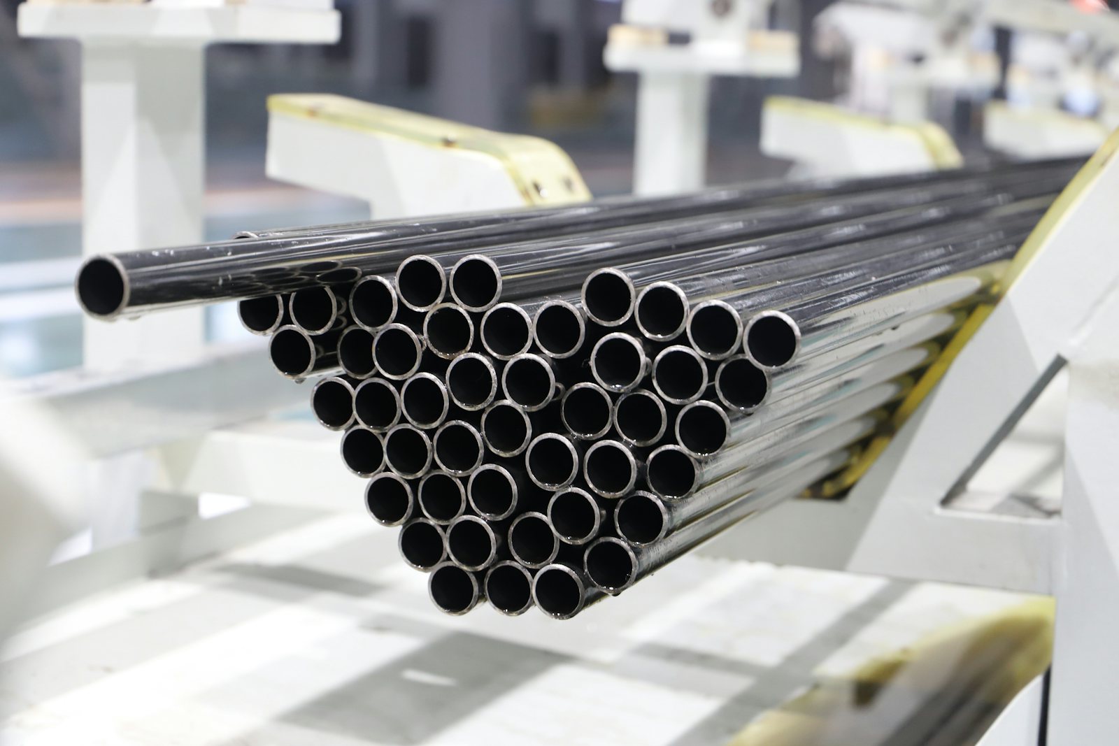 Finished steel tube coming off the line