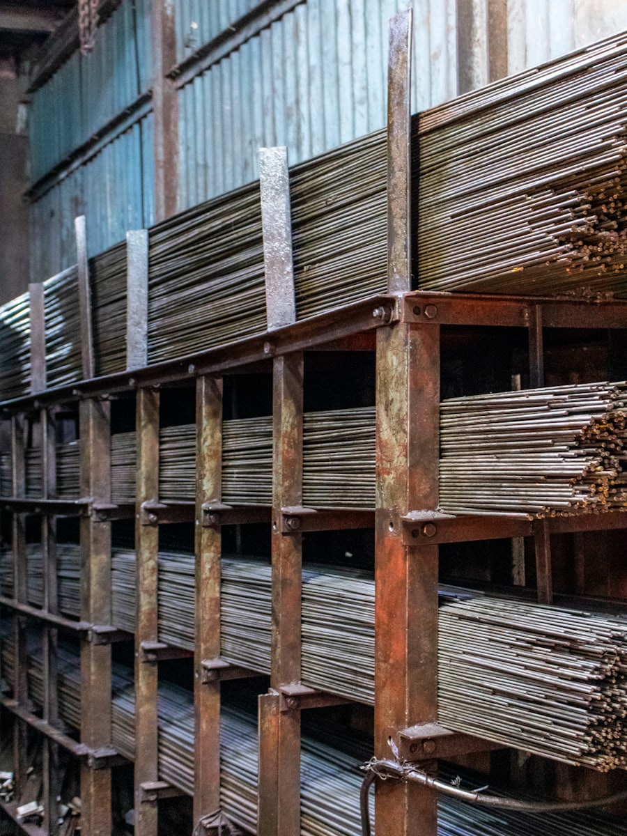 Bundled bar racked by size in the stockyard