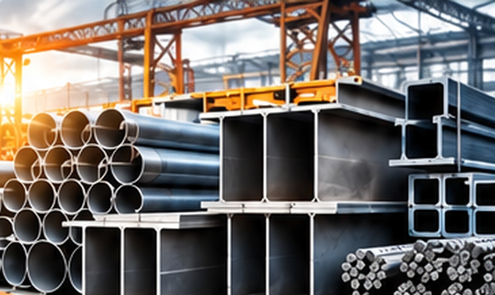 Pipes, beams and TMT bars stocked in the Mansa Ram Steel yard