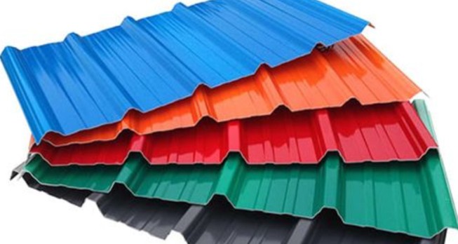 Colour coated roofing sheets in red, blue and grey