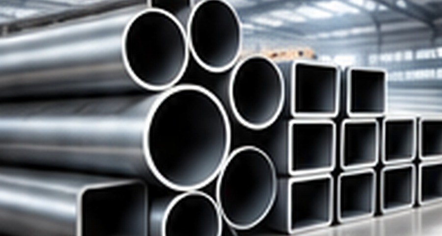 MS pipes and hollow sections stacked in the yard